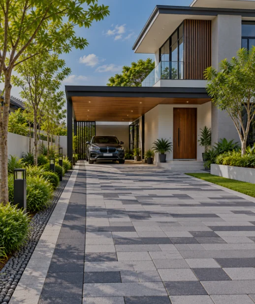 Ilustrasi konsep driveway berpaver kelabu dengan tanaman tropika di sisi rumah.