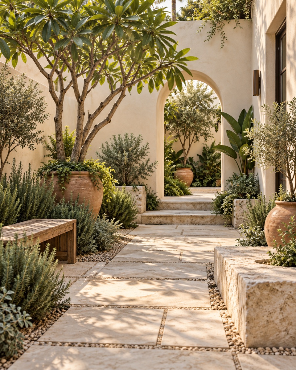 Ilustrasi konsep taman Mediterranean dengan dinding cerah, pasu terracotta dan laluan batu.