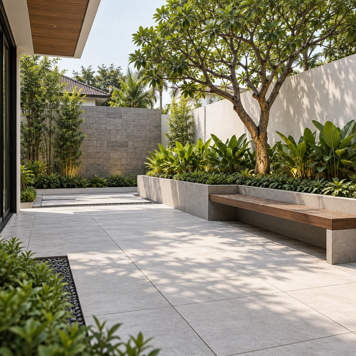 Ilustrasi konsep halaman moden dengan laluan paver, planter box dan susunan hardscape.