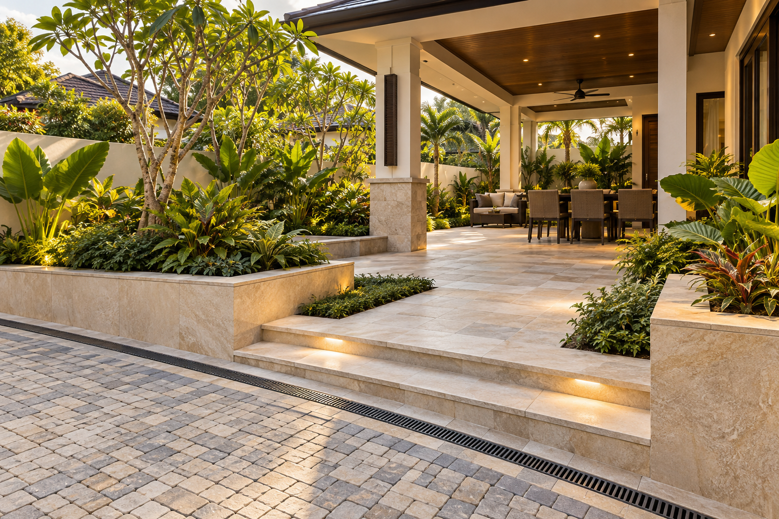 Laluan paver, patio batu, planter box dan saliran dalam konsep hardscape kediaman tropika.