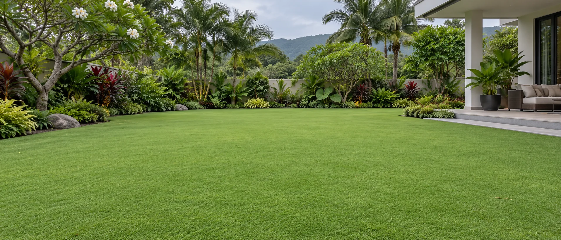 Laman rumah dengan rumput halus yang dipotong pendek dan dijaga rapi.