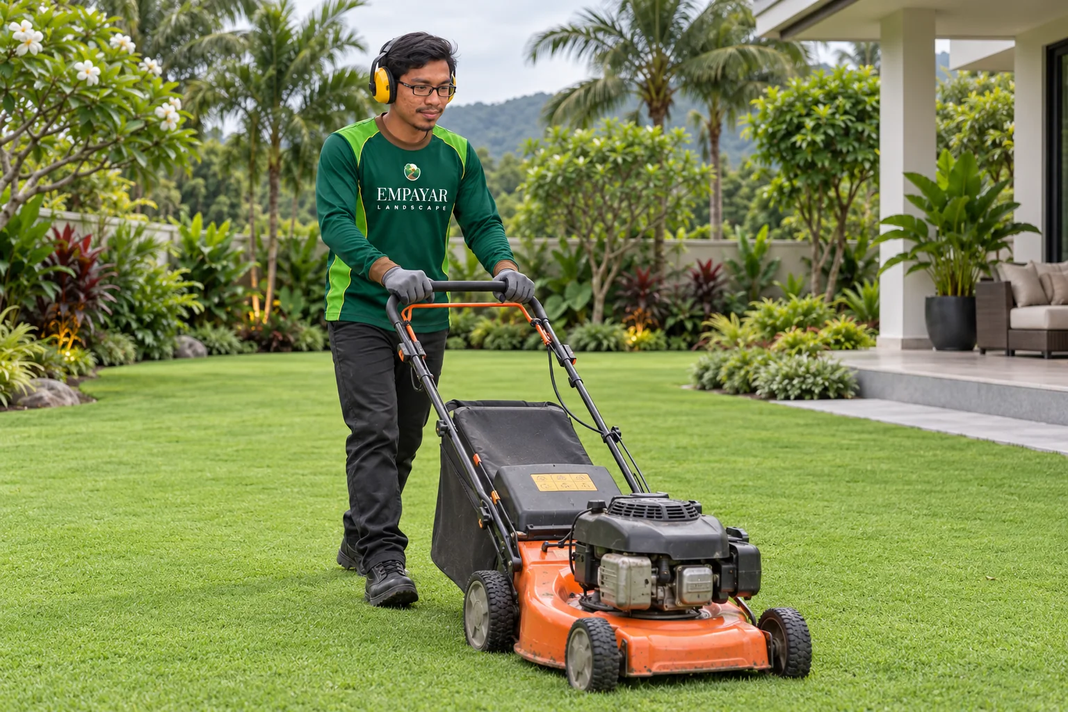 Pekerja Empayar Landscape memotong rumput halus dengan mesin pemotong di laman rumah.