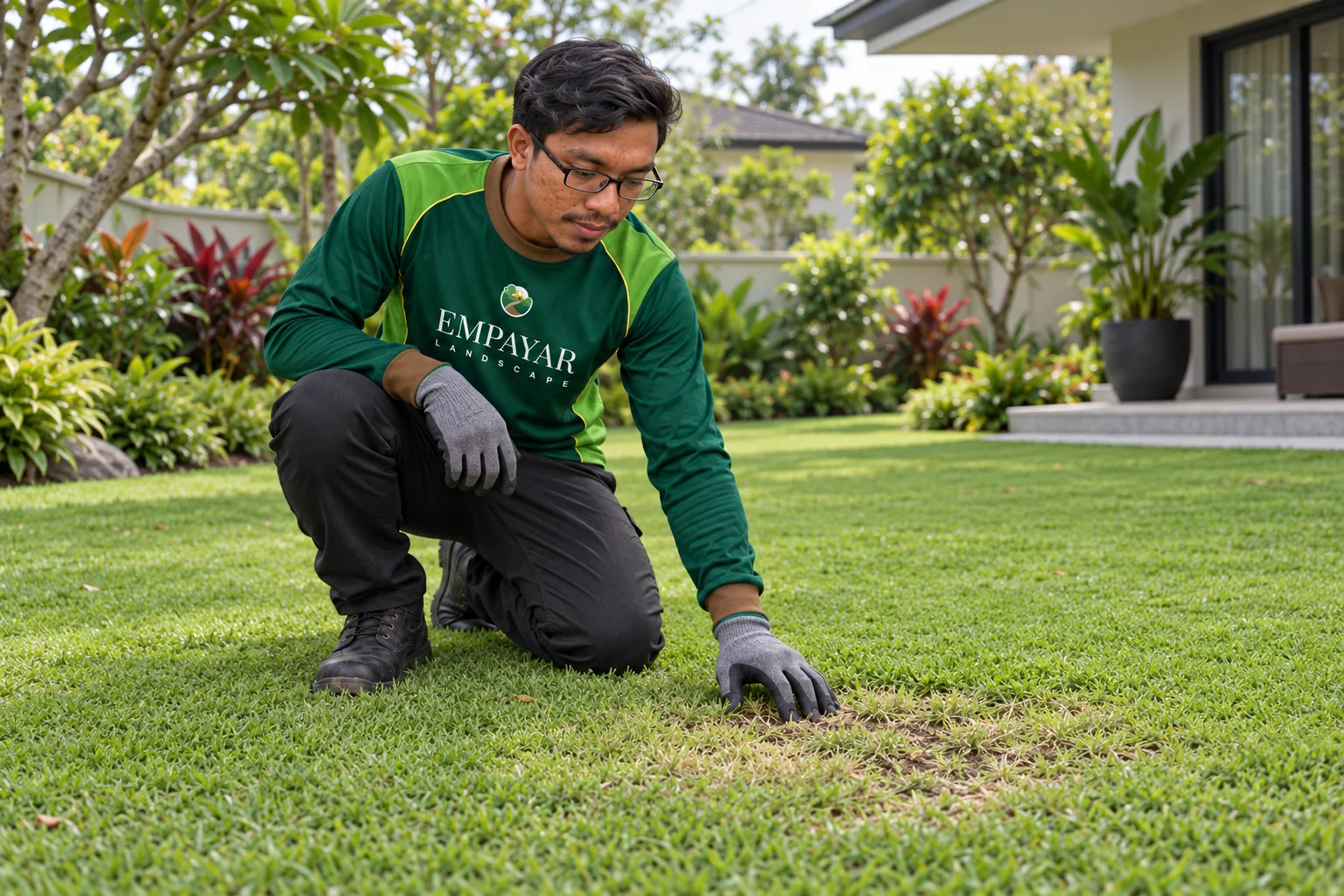 Pekerja Empayar Landscape memeriksa kawasan rumput halus yang menipis untuk menentukan pembaikan.