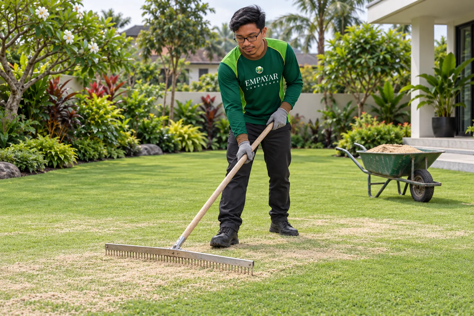 Pekerja Empayar Landscape meratakan lapisan nipis topdressing pada rumput halus.