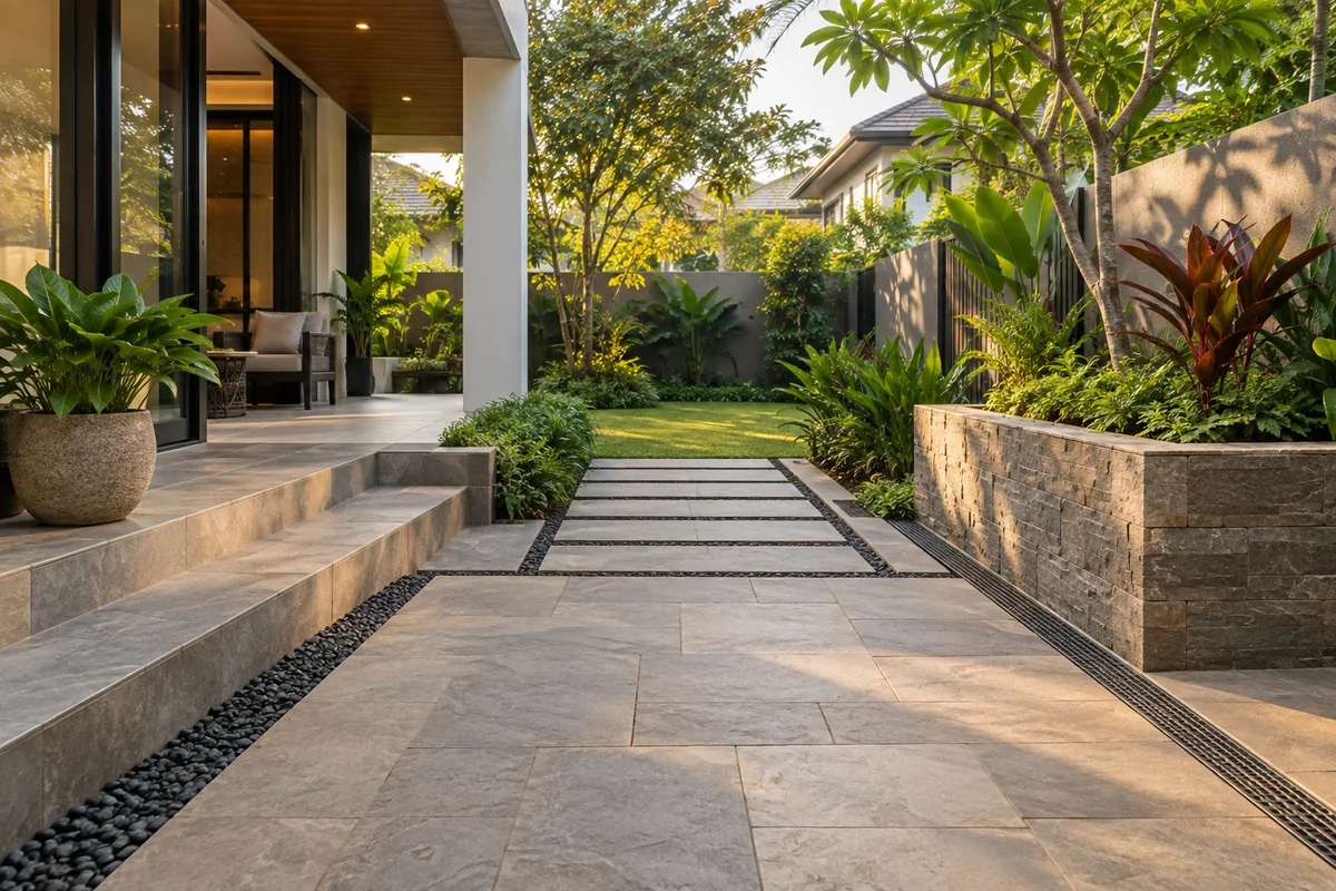 Konsep hardscape dengan patio, laluan batu, planter box dan saliran di sisi rumah.